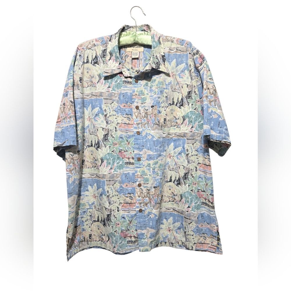 Vintage Cooke Street Honolulu Hawaiian Collared Shirt Blue FLoral Men's XL